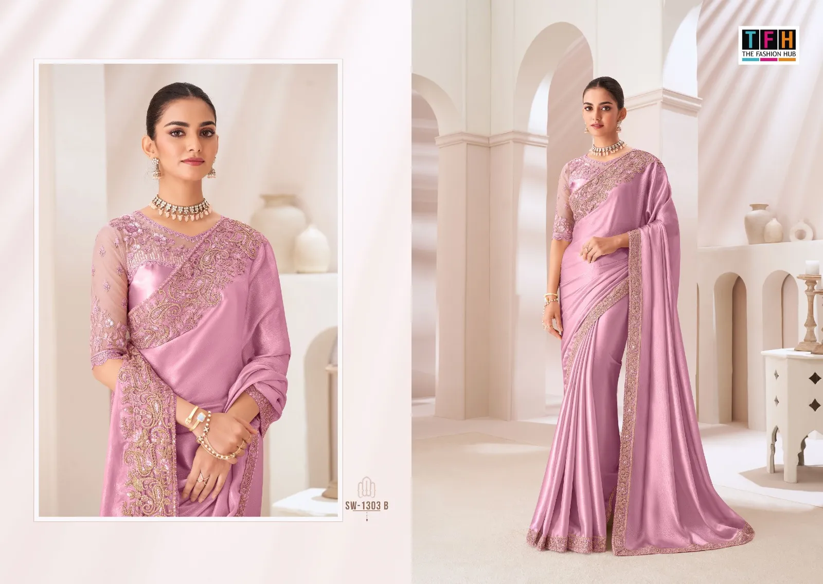 Chiffon Party Wear Rich Look Heavy Embroidery Work Ethnic Saree Sandal Wood 1303 - Image 5
