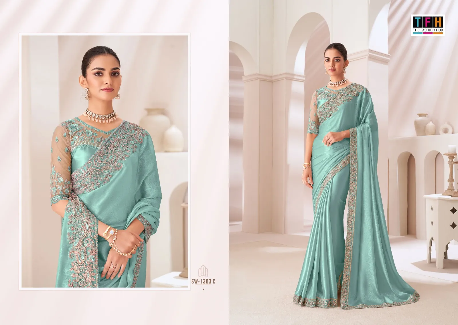 Chiffon Party Wear Rich Look Heavy Embroidery Work Ethnic Saree Sandal Wood 1303 - Image 6
