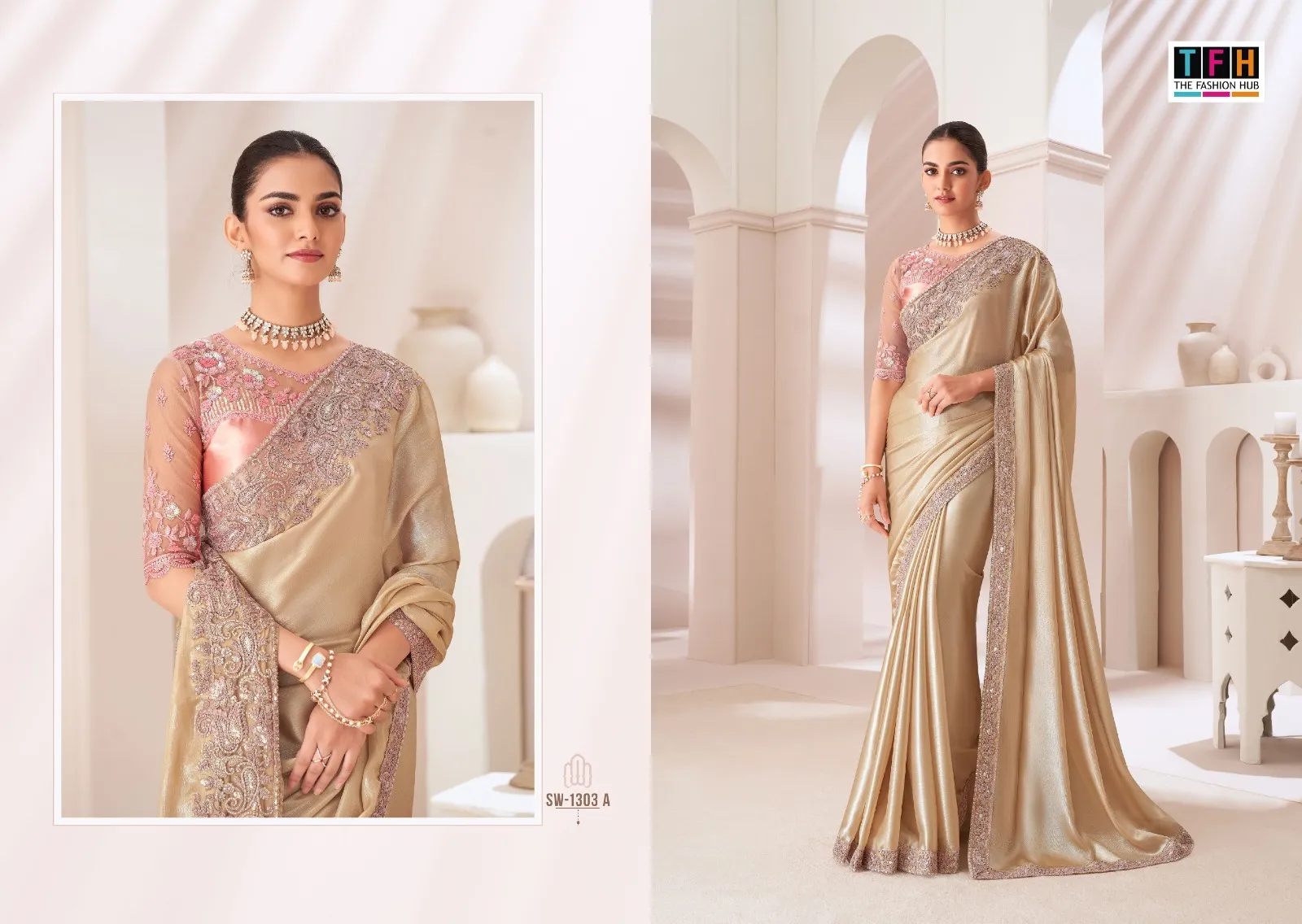 Chiffon Party Wear Rich Look Heavy Embroidery Work Ethnic Saree Sandal Wood 1303 - Image 7