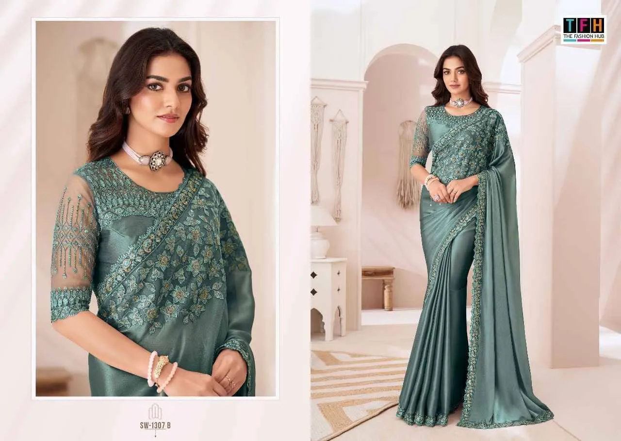 Designer Emroidery Work Party Wear Saree Tfh Sandalwood 1307 Colours - Image 2