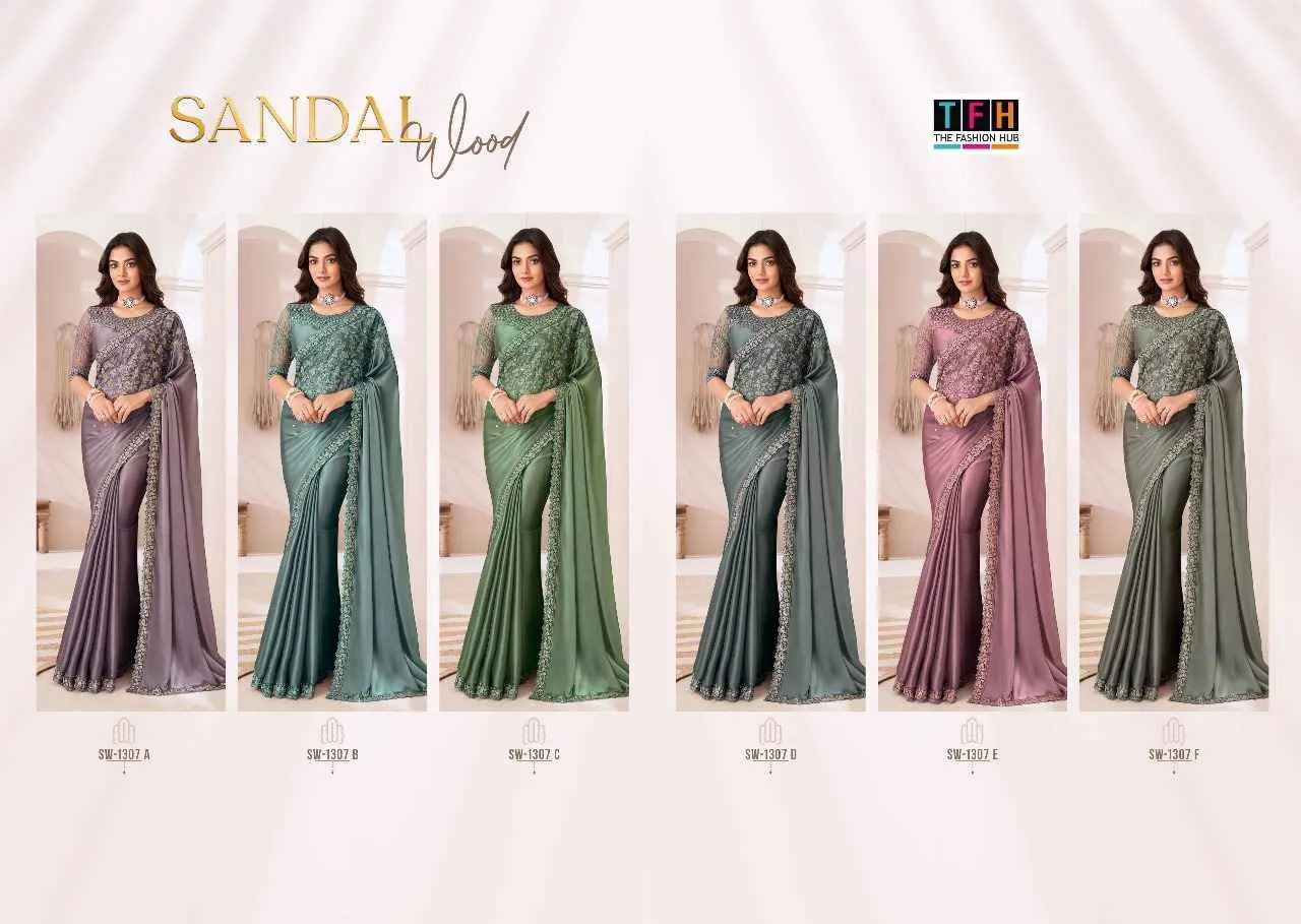 Designer Emroidery Work Party Wear Saree Tfh Sandalwood 1307 Colours - Image 3
