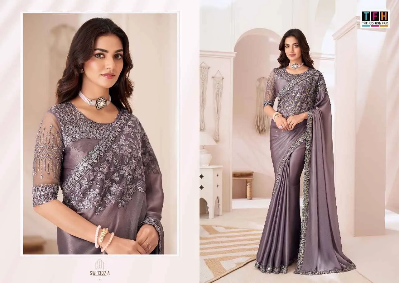 Designer Emroidery Work Party Wear Saree Tfh Sandalwood 1307 Colours - Image 4