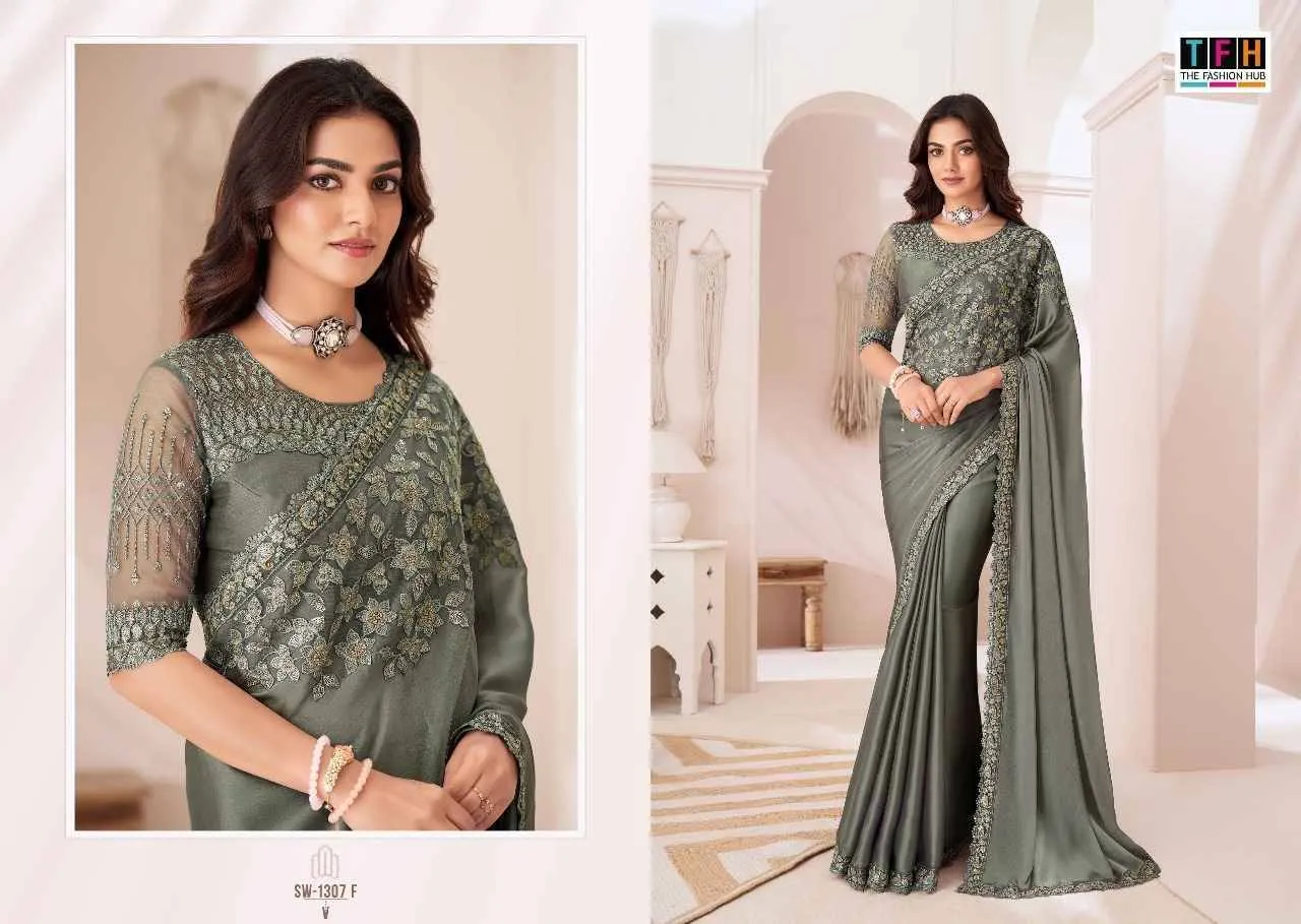 Designer Emroidery Work Party Wear Saree Tfh Sandalwood 1307 Colours - Image 5