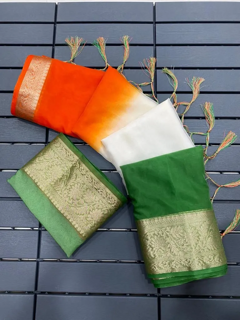 Exclusive Tiranga Indian Flag Printed Saree For Republic Day Calibration Saree Solid Kora Organza Saree