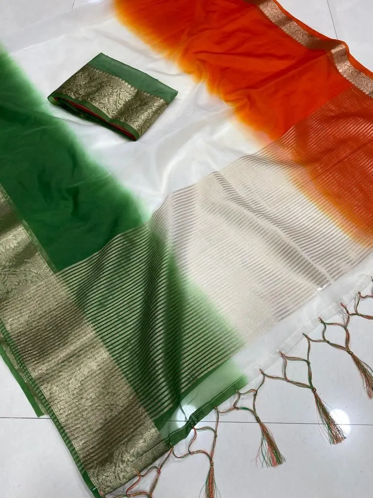 Exclusive Tiranga Indian Flag Printed Saree For Republic Day Calibration Saree Solid Kora Organza Saree - Image 2