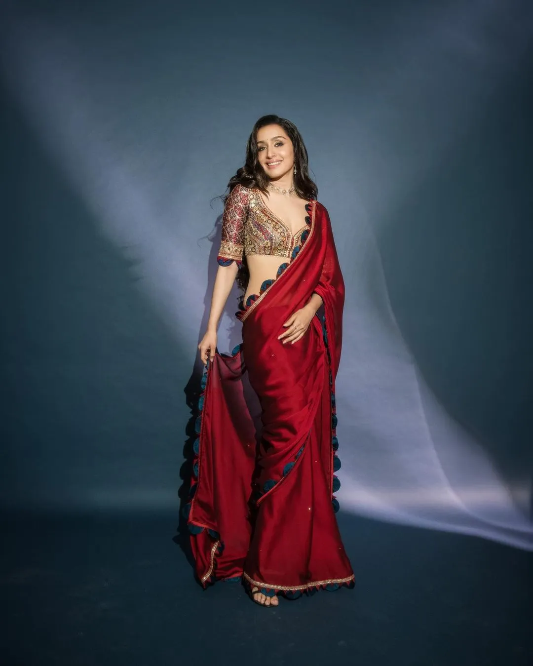 Shraddha Kapoor Saree Dark Red Color Ethnic Saree With Heavy Embroidery Worked Blouse Valentines Special Saree Bollywood Saree