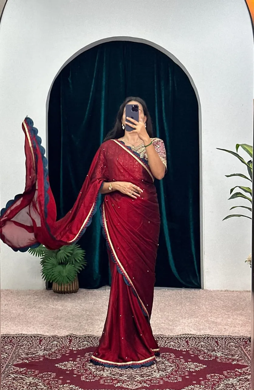 Shraddha Kapoor Saree Dark Red Color Ethnic Saree With Heavy Embroidery Worked Blouse Valentines Special Saree Bollywood Saree - Image 4