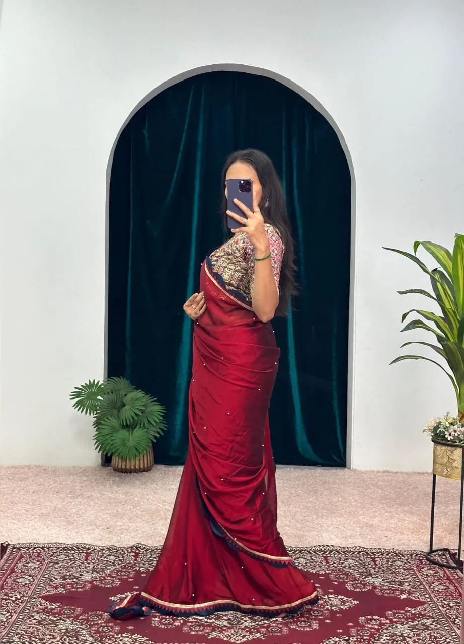 Shraddha Kapoor Saree Dark Red Color Ethnic Saree With Heavy Embroidery Worked Blouse Valentines Special Saree Bollywood Saree - Image 5