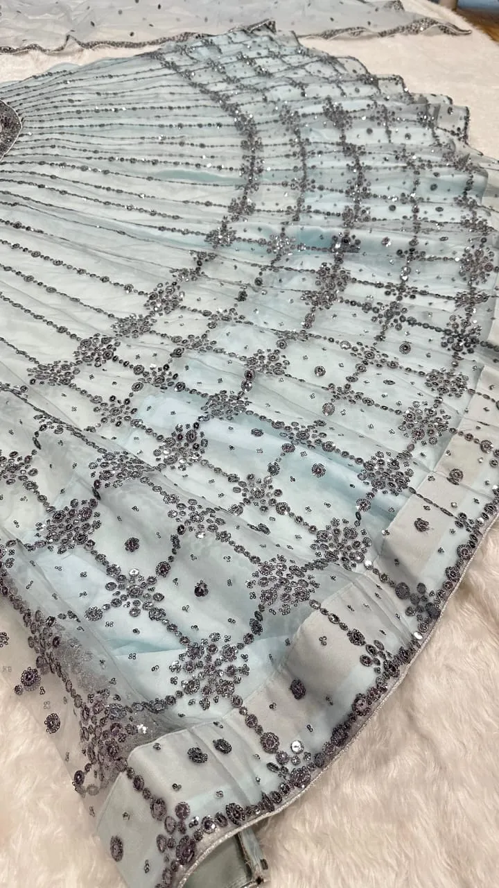 Sky Blue Designer Party Wear Net Lehenga Choli With Heavy Sequince Work Bollywood Style Lehenga - Image 3