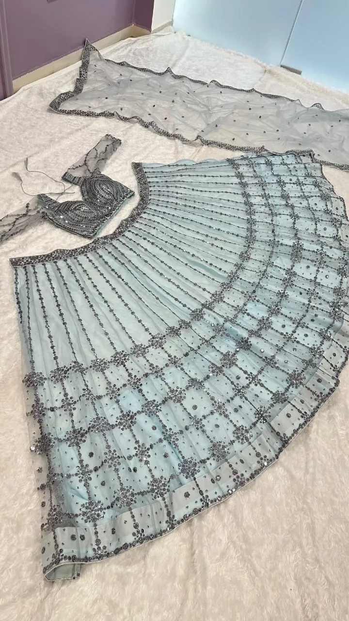 Sky Blue Designer Party Wear Net Lehenga Choli With Heavy Sequince Work Bollywood Style Lehenga - Image 4