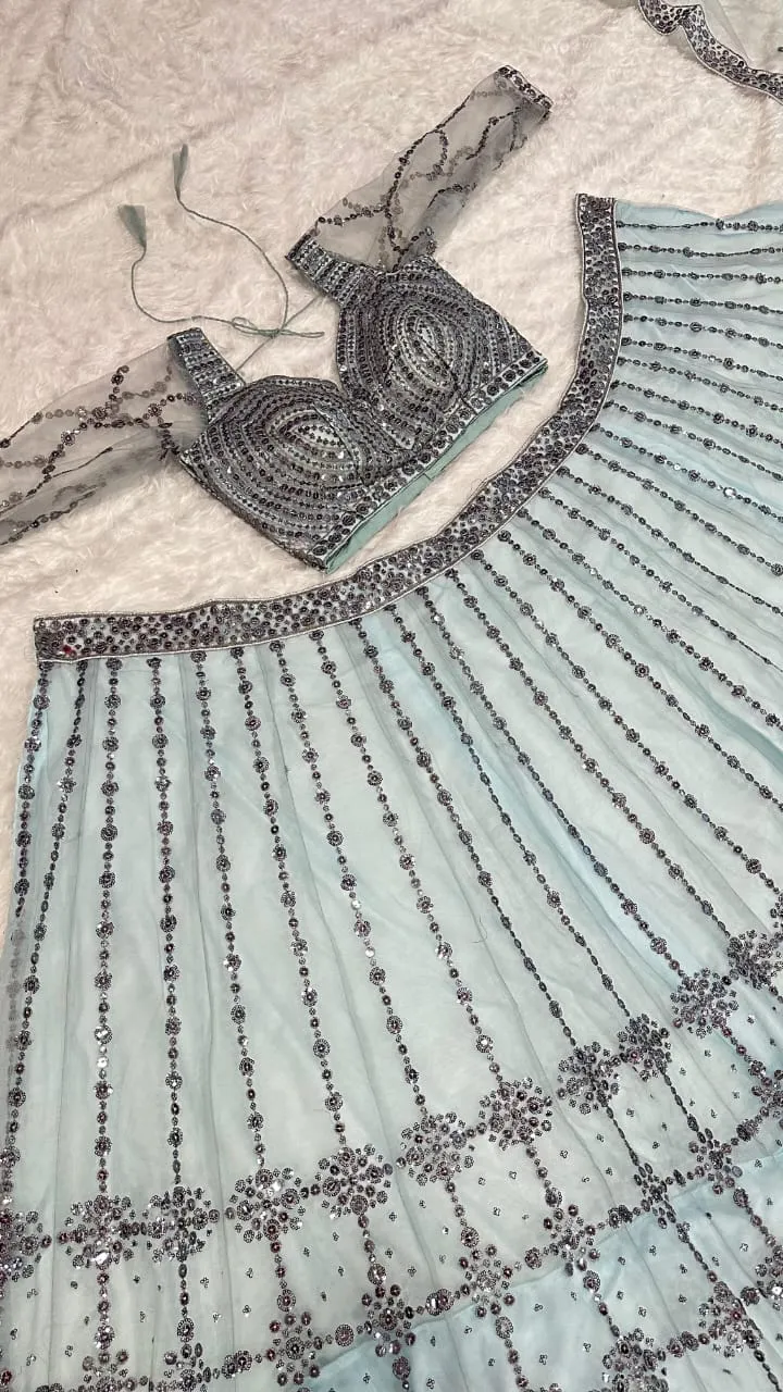 Sky Blue Designer Party Wear Net Lehenga Choli With Heavy Sequince Work Bollywood Style Lehenga - Image 5