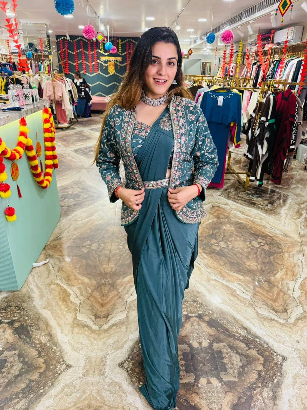 Superhit Trending Indo-Western Ready-to-Wear Saree with Fully Embroidered Koti Ethnic Saree With Blouse And Koti