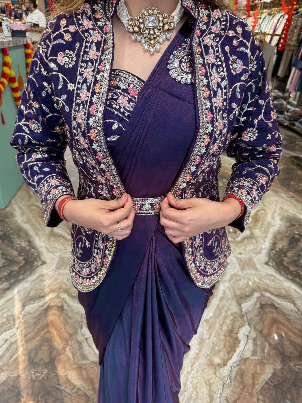Superhit Trending Indo-Western Ready-to-Wear Saree with Fully Embroidered Koti Ethnic Saree With Blouse And Koti - Image 2