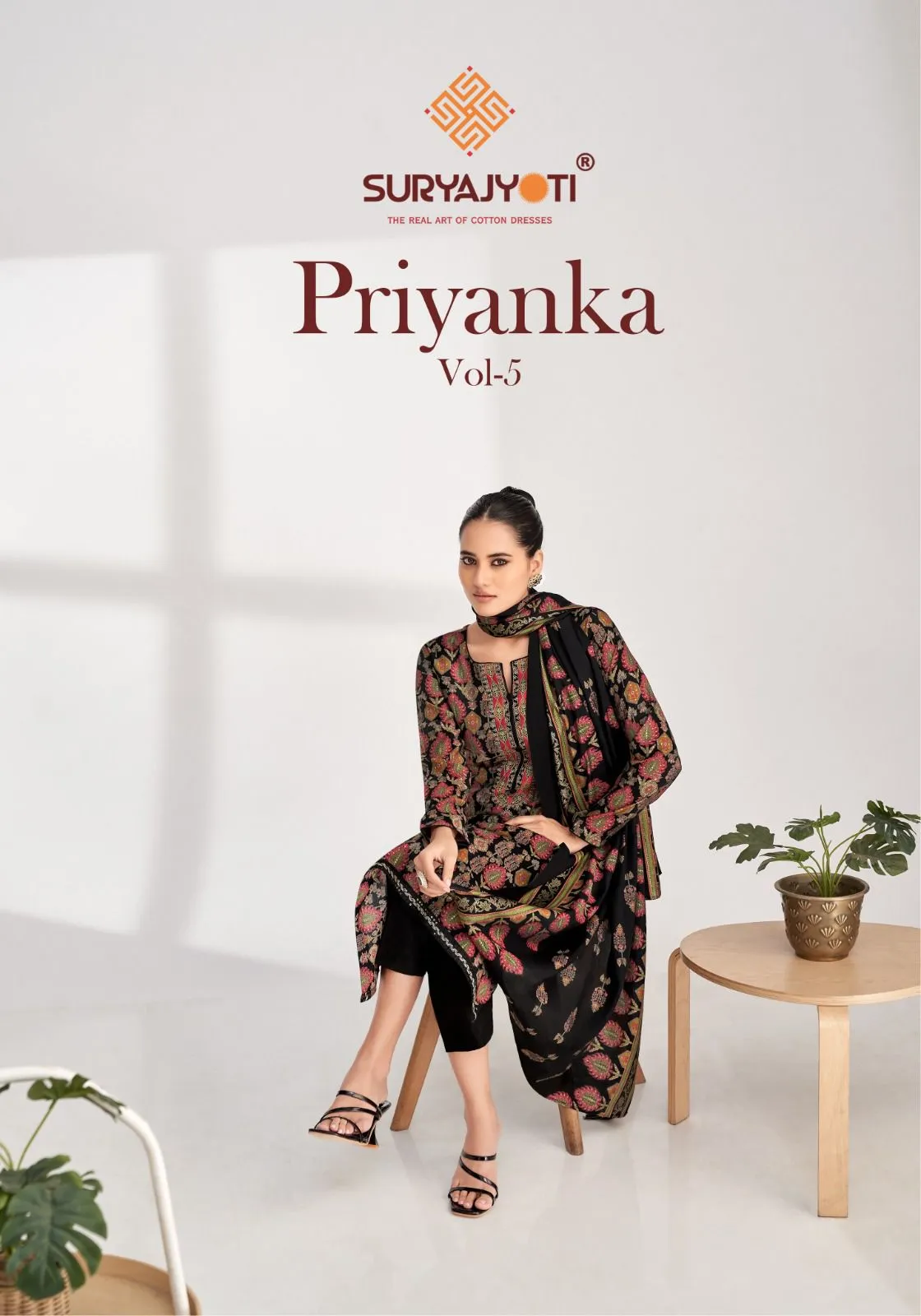Suryajyoti Priyanka Vol 05 Wholesaler Unstitched Model Foil Print With Neck Embroidery Work Ethnic Suit