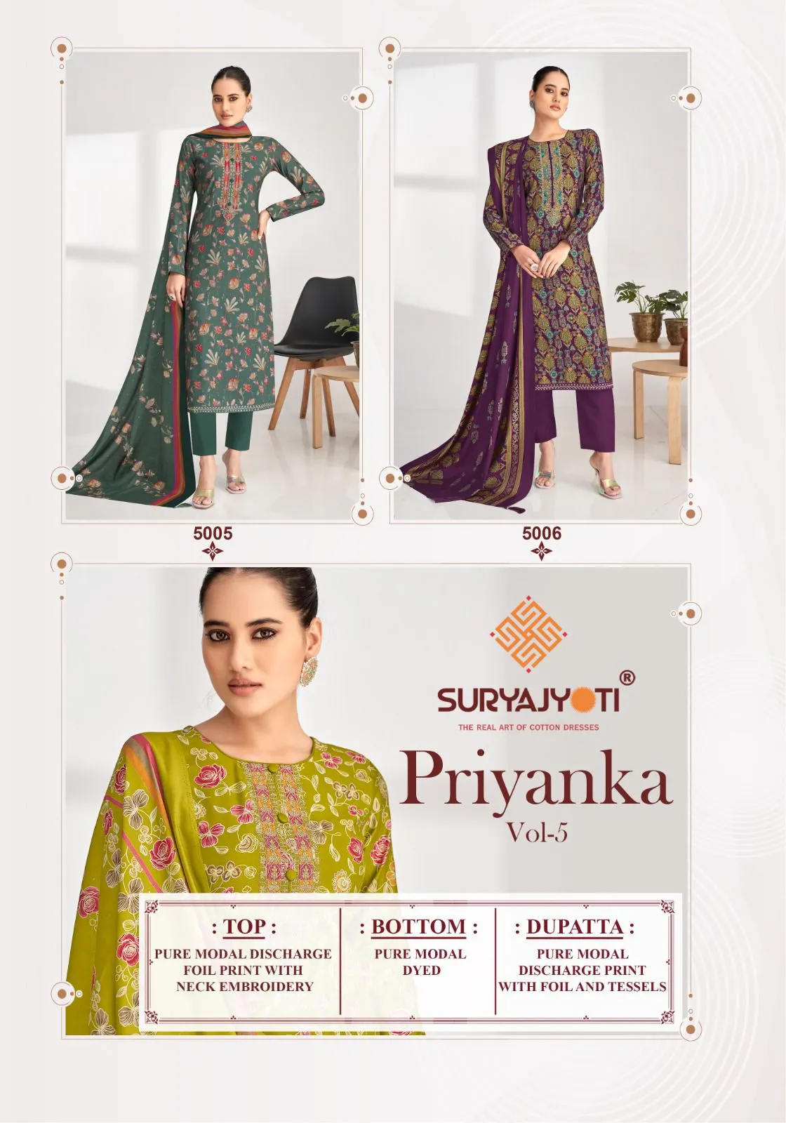 Suryajyoti Priyanka Vol 05 Wholesaler Unstitched Model Foil Print With Neck Embroidery Work Ethnic Suit - Image 4