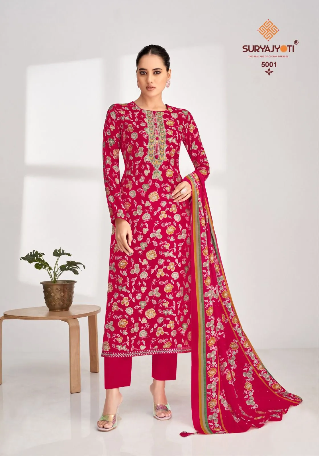 Suryajyoti Priyanka Vol 05 Wholesaler Unstitched Model Foil Print With Neck Embroidery Work Ethnic Suit - Image 5