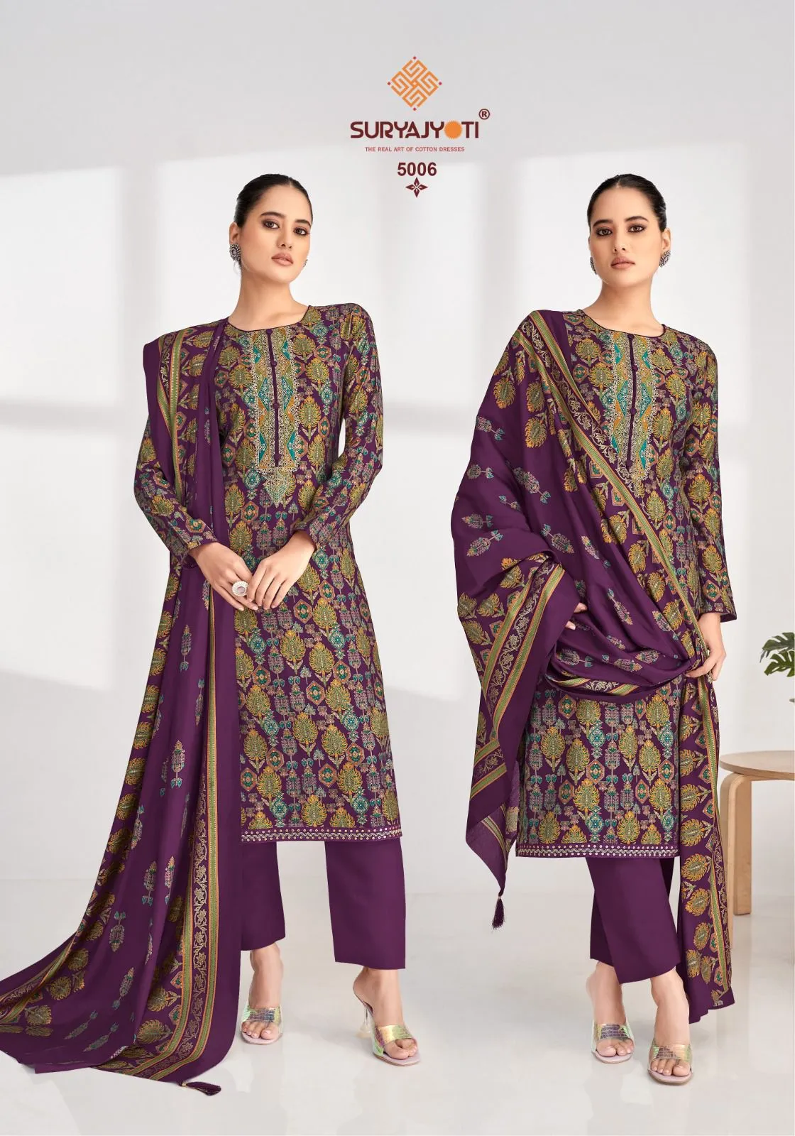 Suryajyoti Priyanka Vol 05 Wholesaler Unstitched Model Foil Print With Neck Embroidery Work Ethnic Suit - Image 6