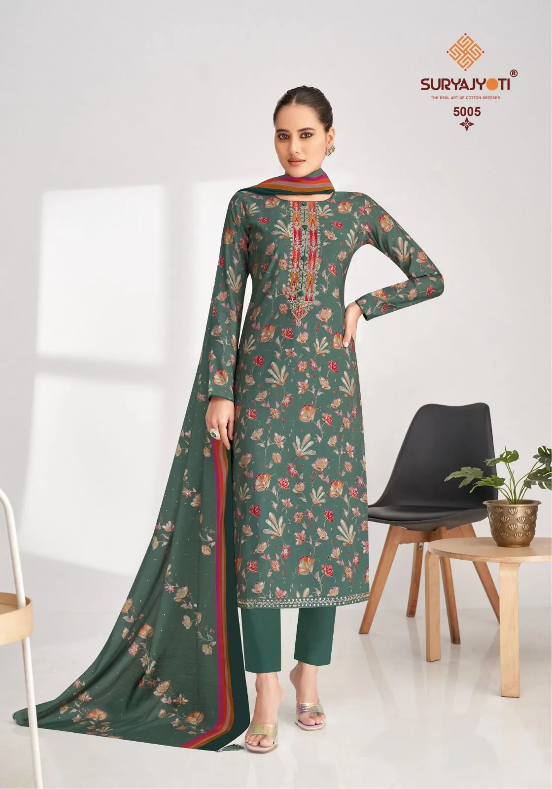Suryajyoti Priyanka Vol 05 Wholesaler Unstitched Model Foil Print With Neck Embroidery Work Ethnic Suit - Image 7