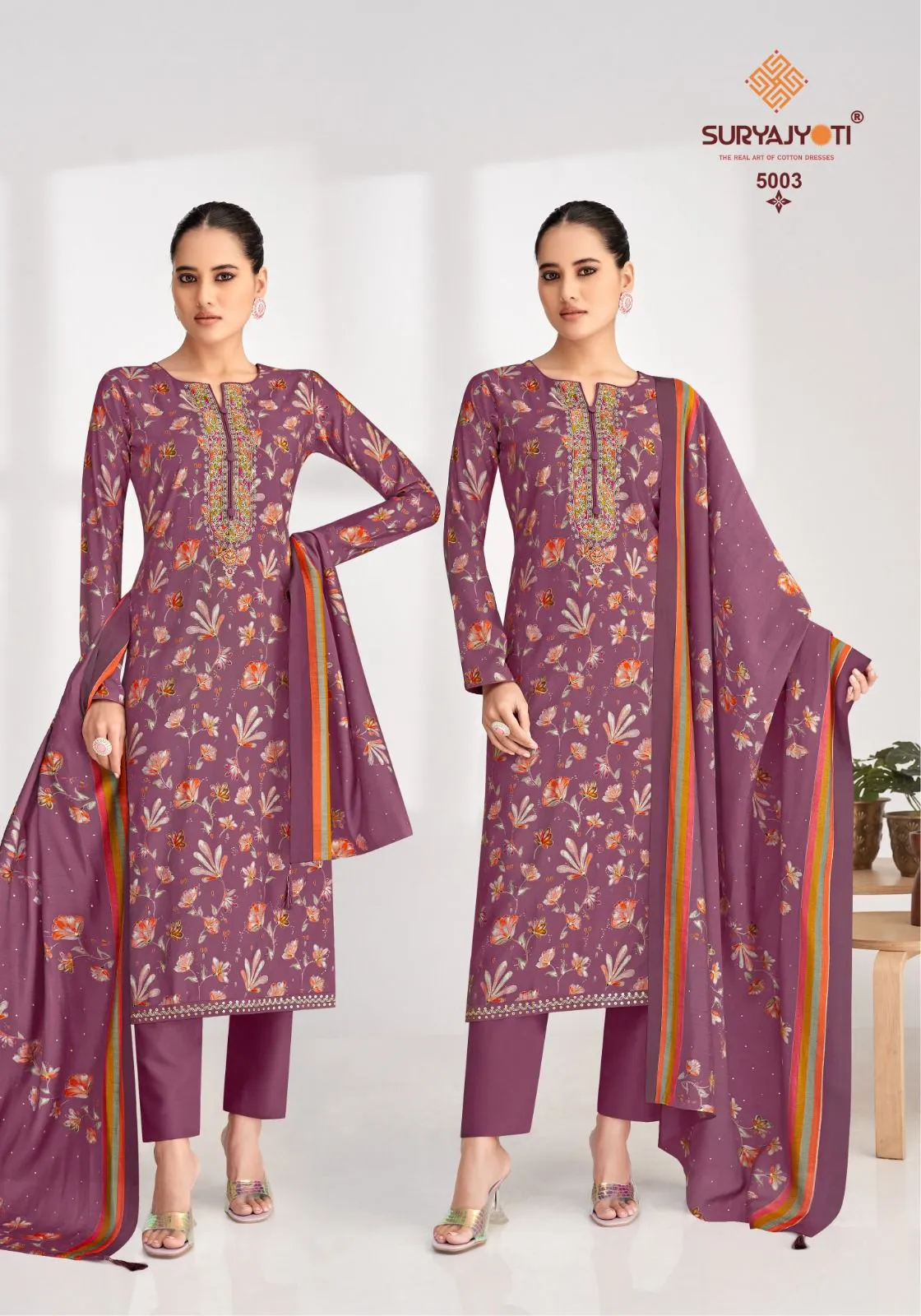 Suryajyoti Priyanka Vol 05 Wholesaler Unstitched Model Foil Print With Neck Embroidery Work Ethnic Suit - Image 9
