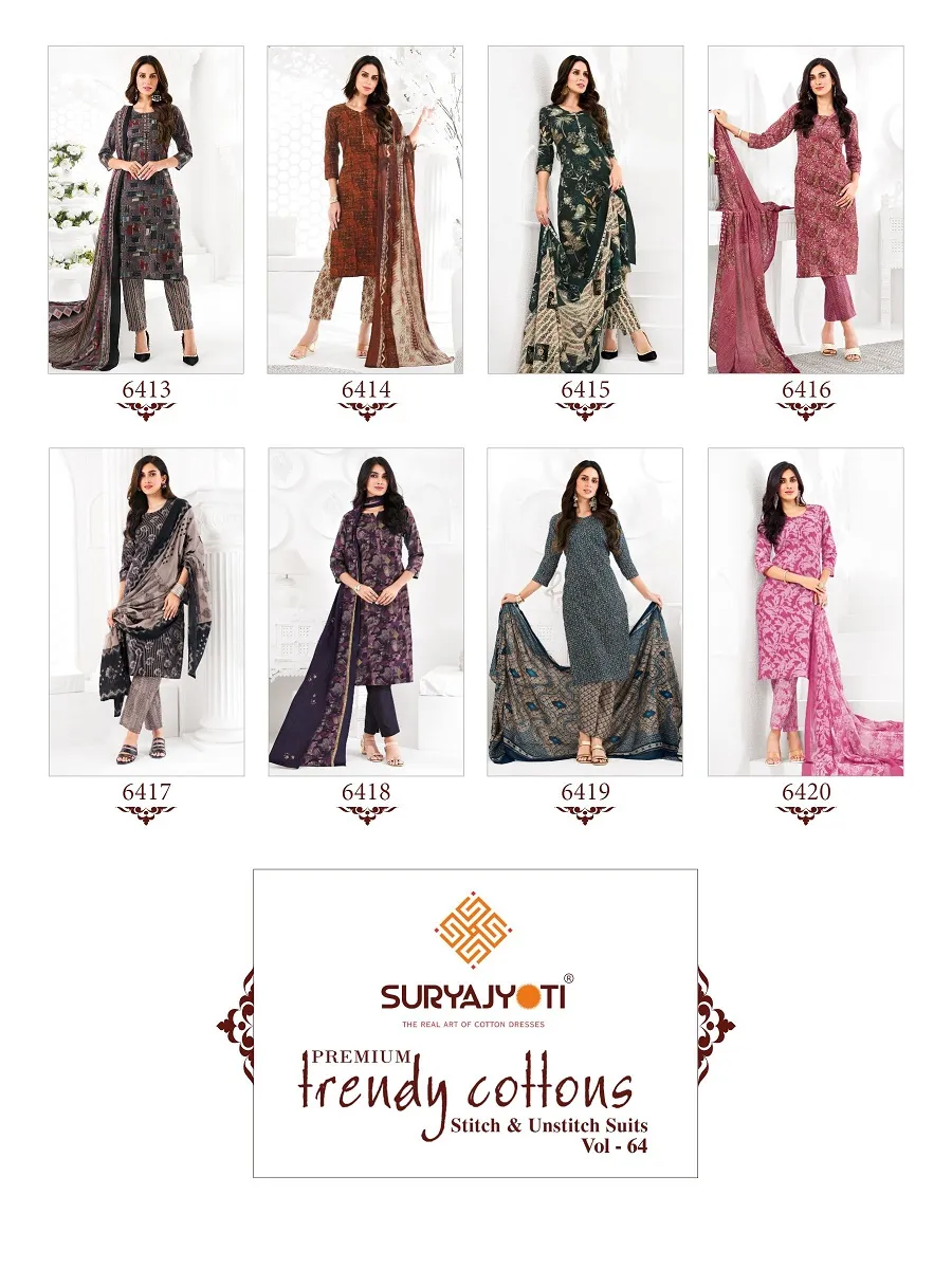 Suryajyoti Trendy Cotton Vol 64 Unstitched Cotton Pant Style Salwar Suit Wholesaler Summer Wear - Image 7