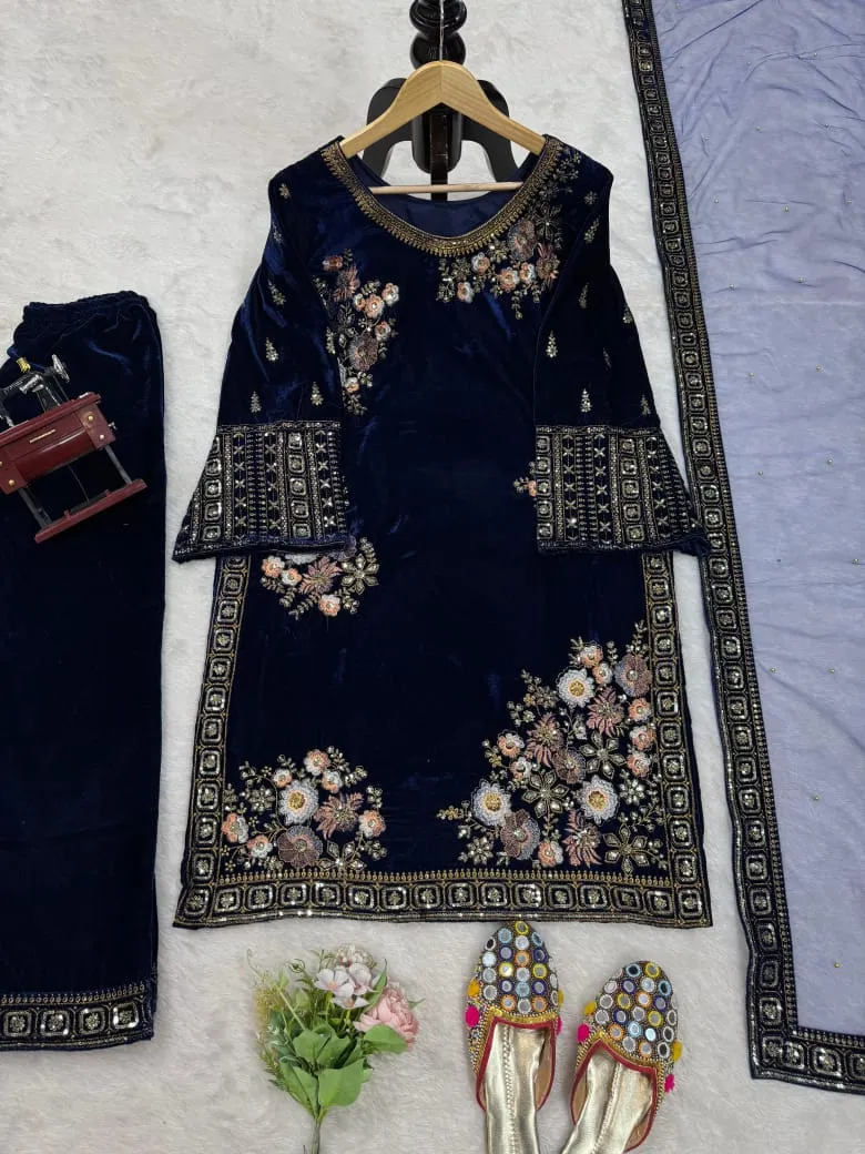 Viscose Velvet Royal Blue Suit Wore By Shehnaaz Gill Trending Velvet Suit - Image 2