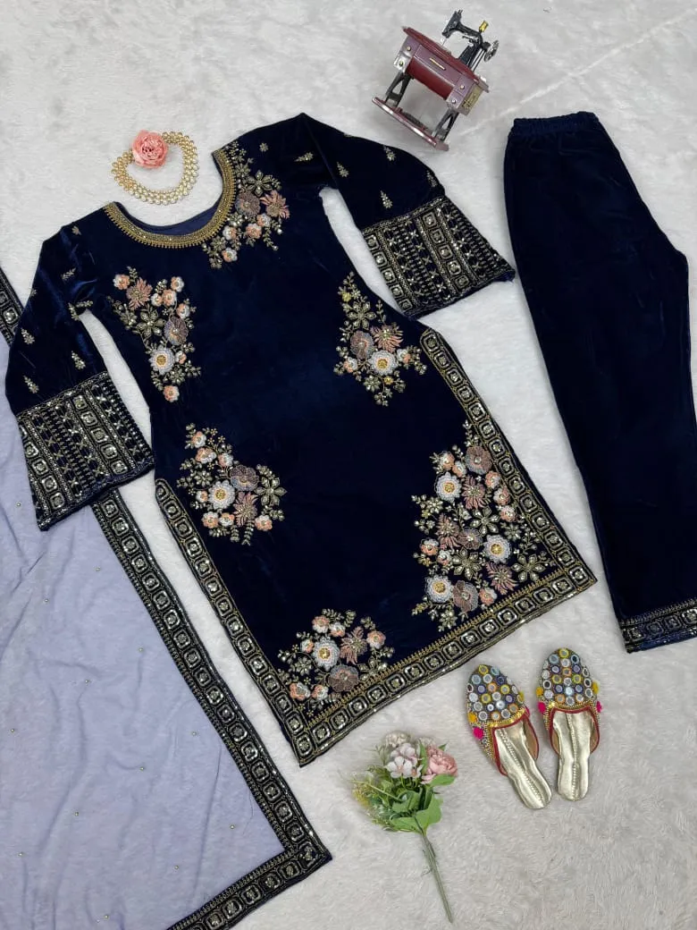 Viscose Velvet Royal Blue Suit Wore By Shehnaaz Gill Trending Velvet Suit - Image 3