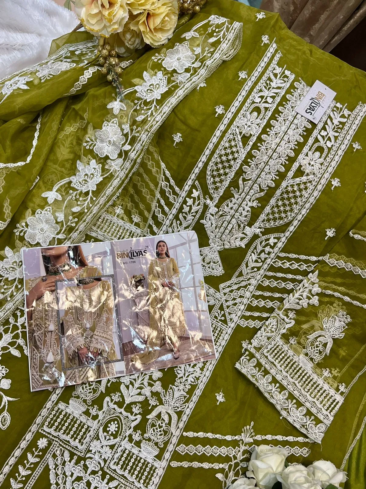 Green Shade Eid Wear Organza Salwar Suit Pakistani Fashion Wear Adan's Libas - Image 4