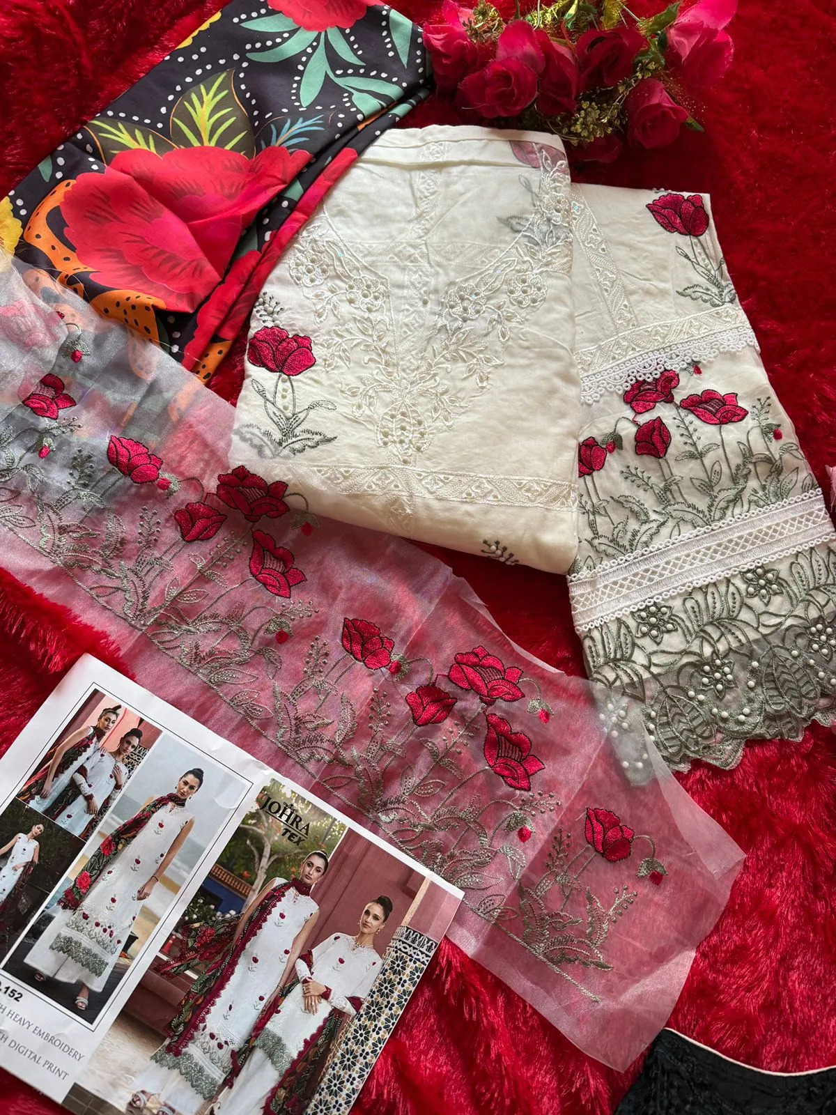 Valentines Day Wear Special Pakistani Style Straight Salwar Suit With Red Flower Embroidery J-152 - Image 2