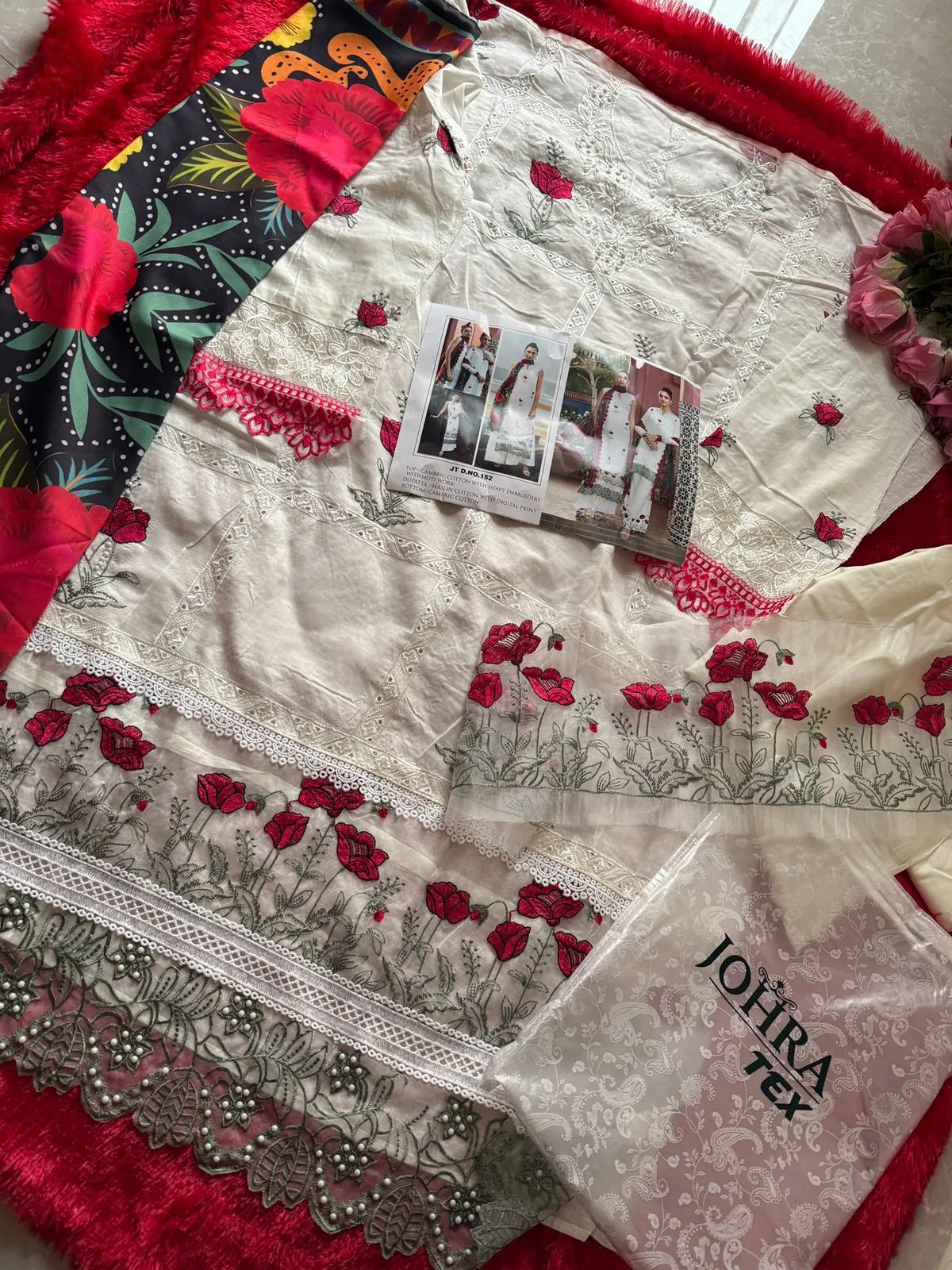Valentines Day Wear Special Pakistani Style Straight Salwar Suit With Red Flower Embroidery J-152 - Image 3