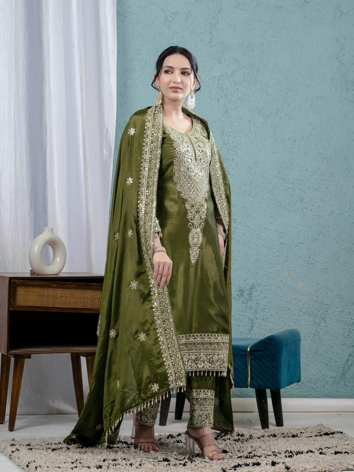 Embellished Green Readymade Pakistani Salwar Kameez - Image 2