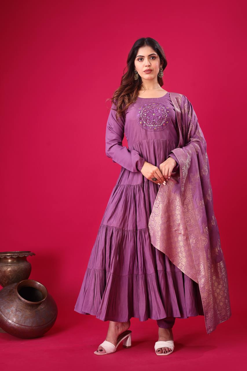 Readymade Big Flair Gown With Jacquard Dupatta Set - Image 4