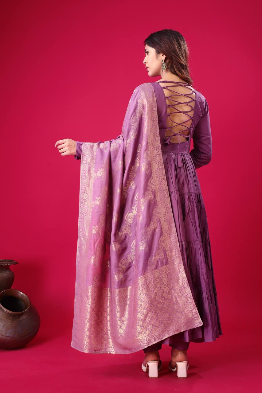 Readymade Big Flair Gown With Jacquard Dupatta Set - Image 3