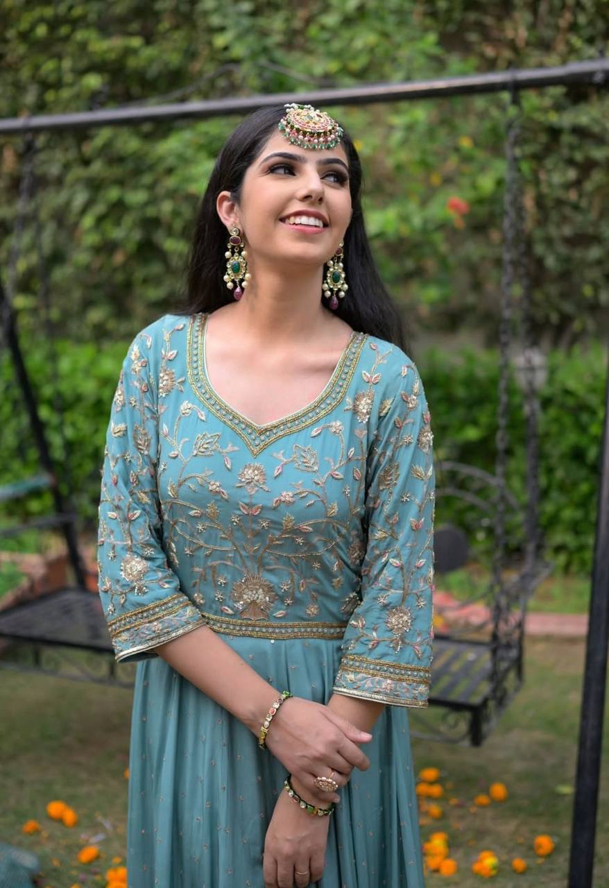 Sky Blue Gown For Girls Iftar Party Dresses - Image 3