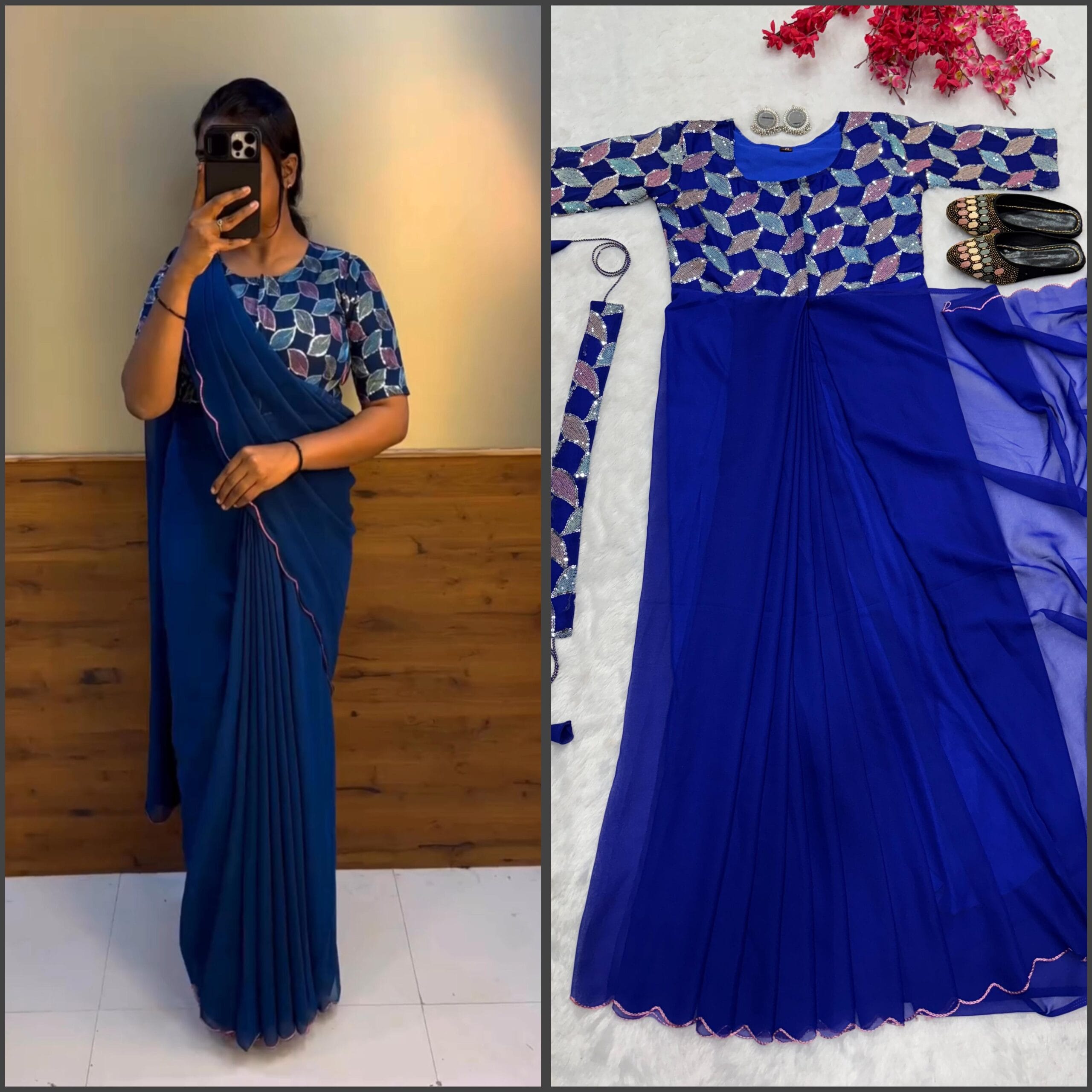 New Trending Zip And Go Saree Sequence Work Viral Readymade Saree - Image 5