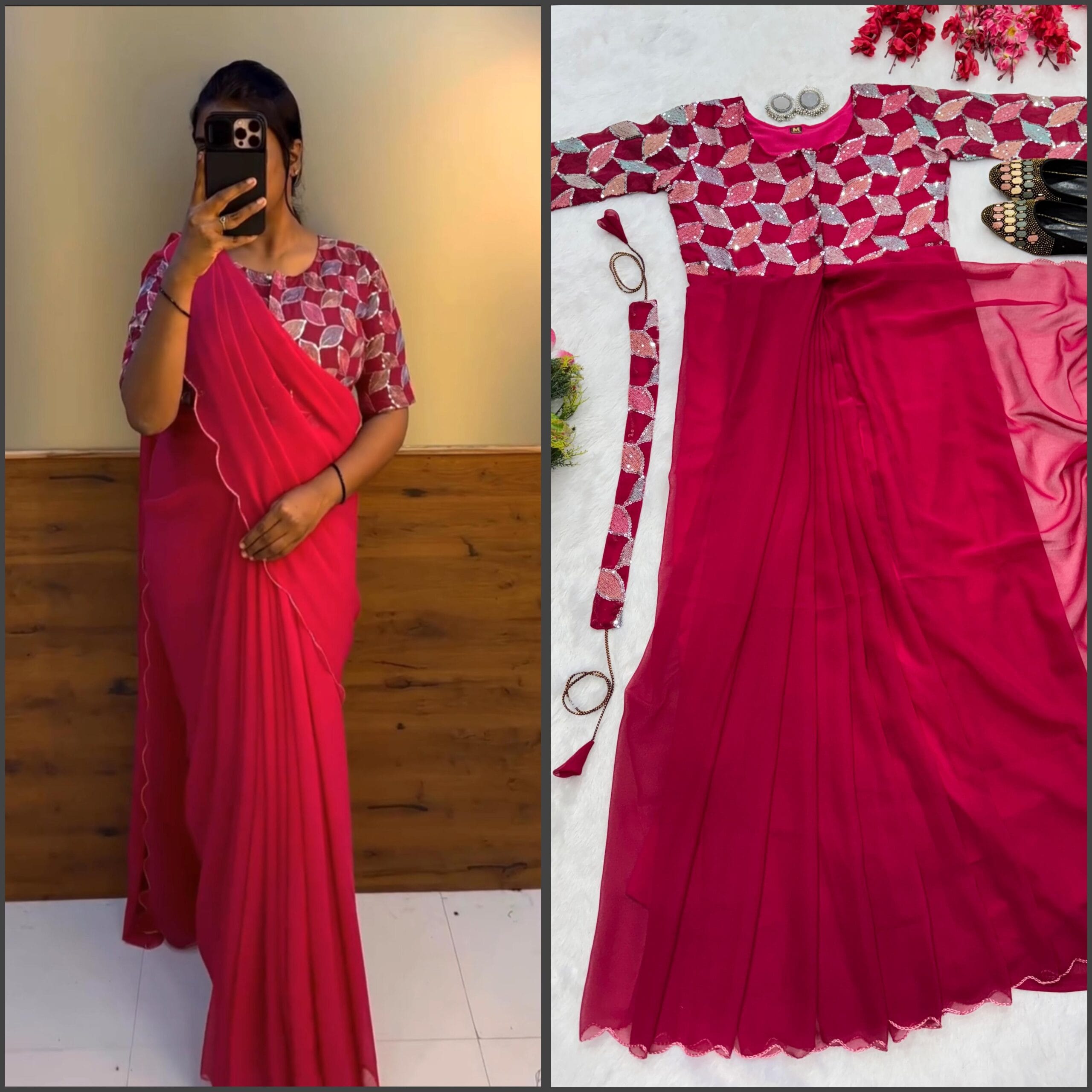 New Trending Zip And Go Saree Sequence Work Viral Readymade Saree - Image 4