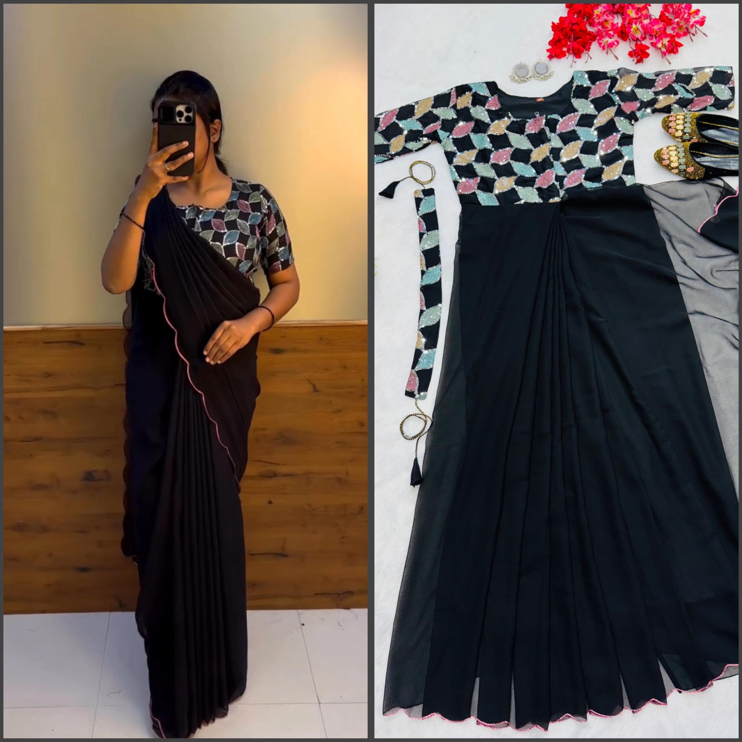 New Trending Zip And Go Saree Sequence Work Viral Readymade Saree - Image 3