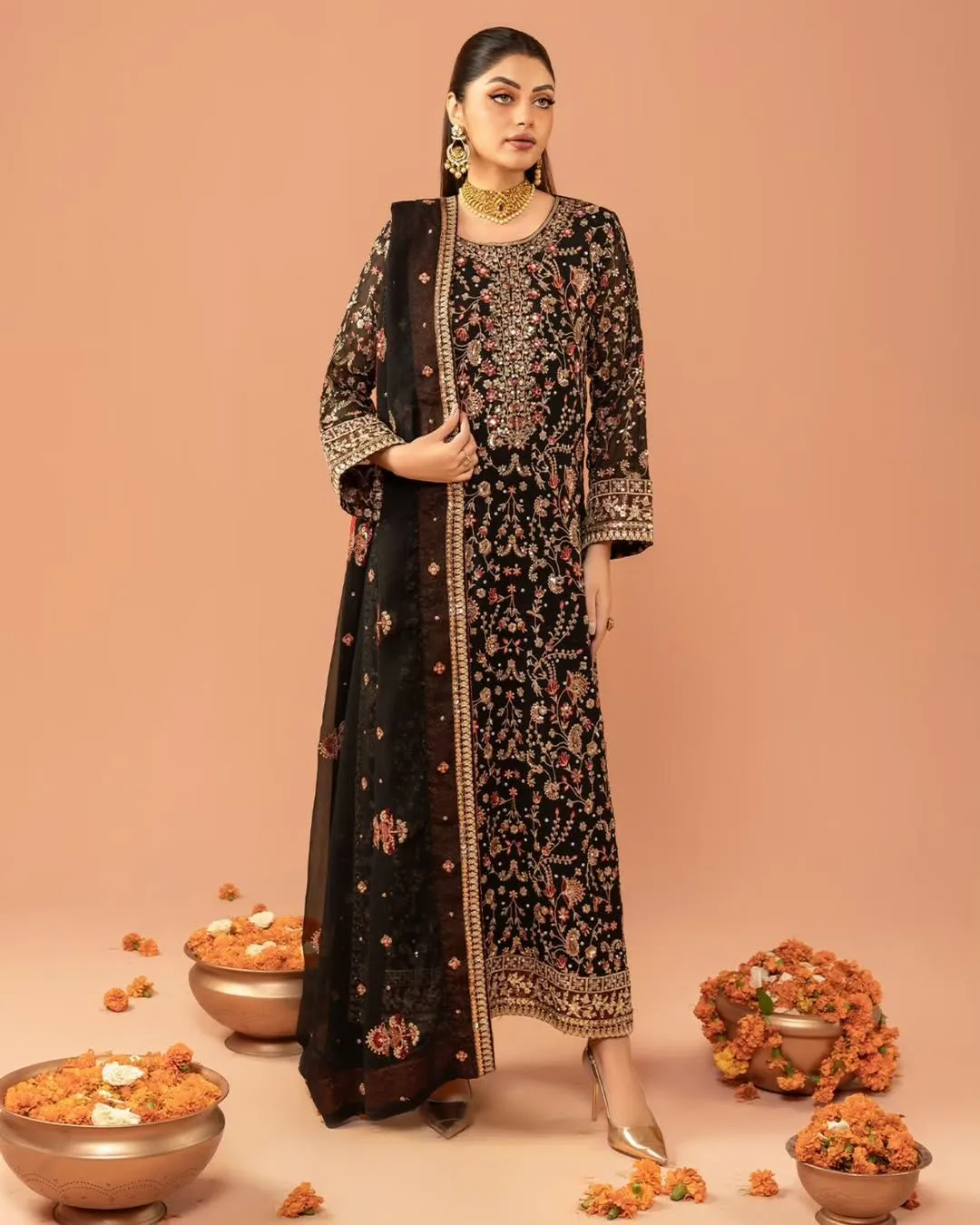Long Pakistani Straight Suit With Heavy Embroidery