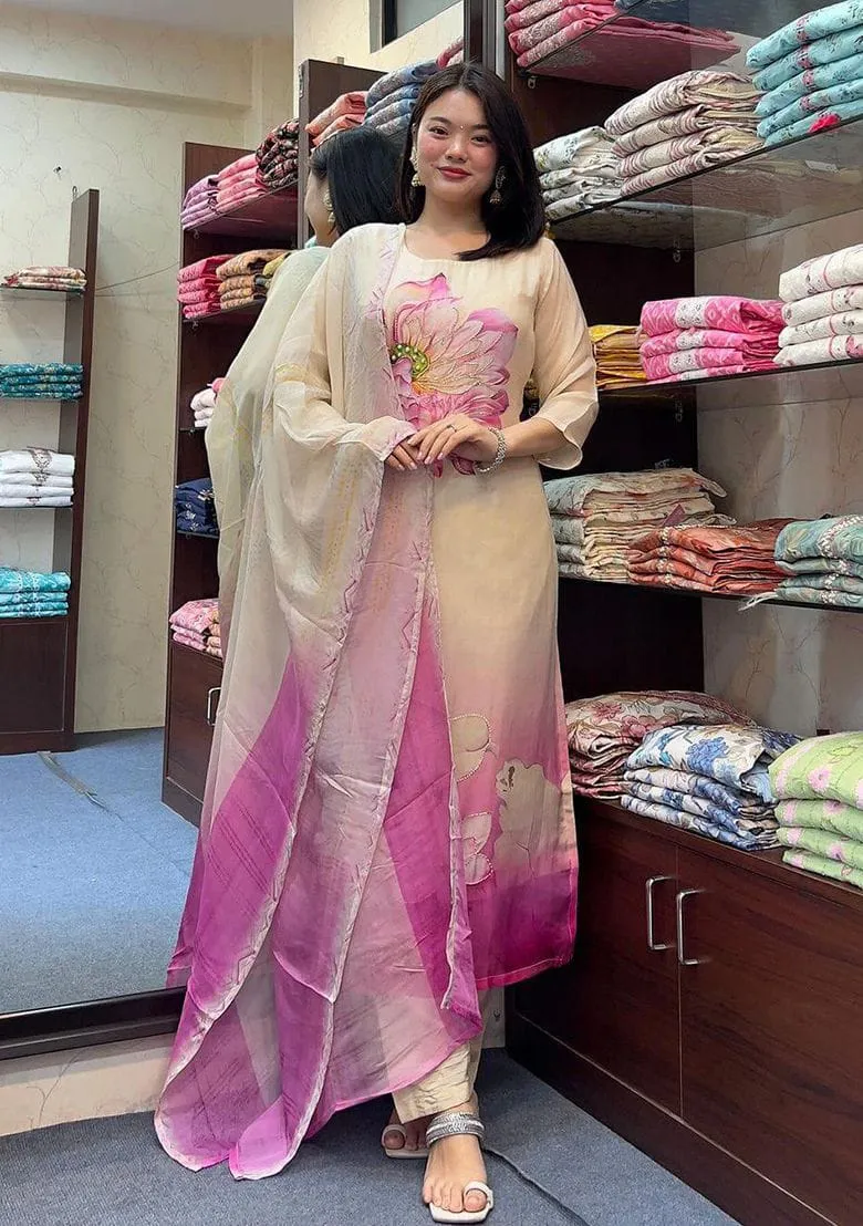 Organza Handwork Kurti Pant Dupatta Set