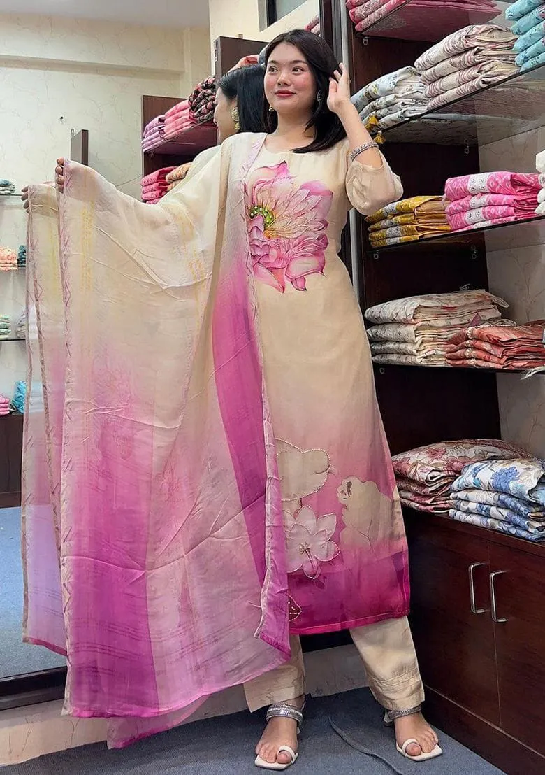 Organza Handwork Kurti Pant Dupatta Set - Image 3