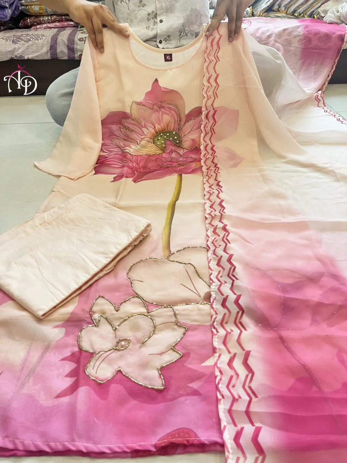 Organza Handwork Kurti Pant Dupatta Set - Image 4