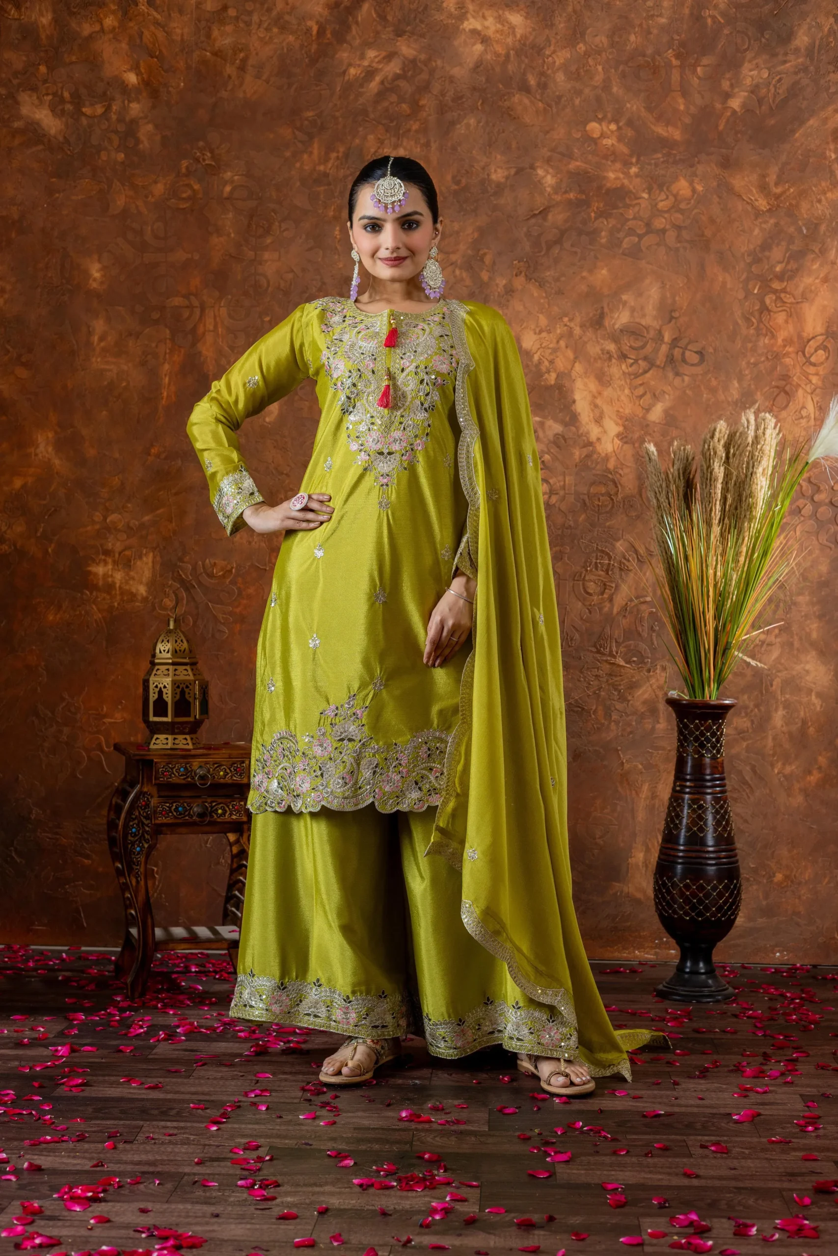 Pakistani Embroidery Chinon Plazzo Salwar Ethnic Suit - Image 4