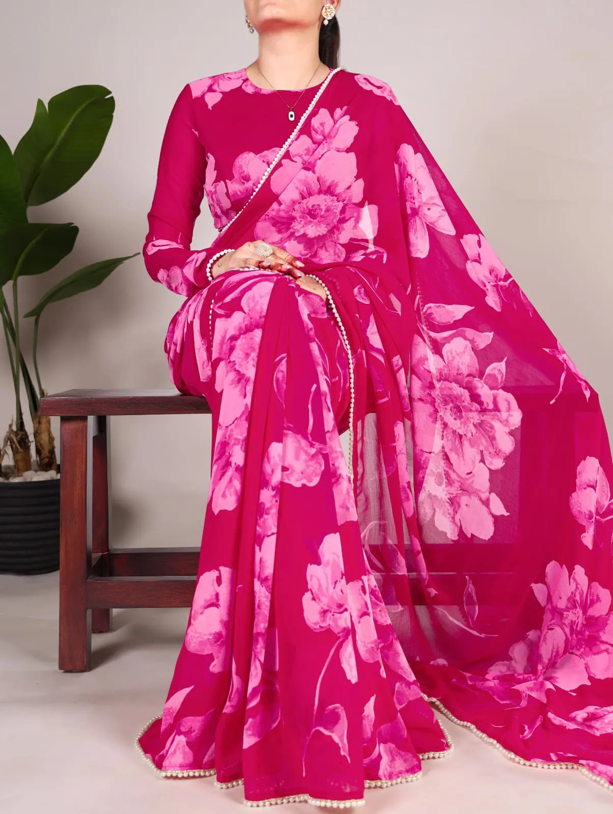 Pearl Border With Floral Saree For Girls