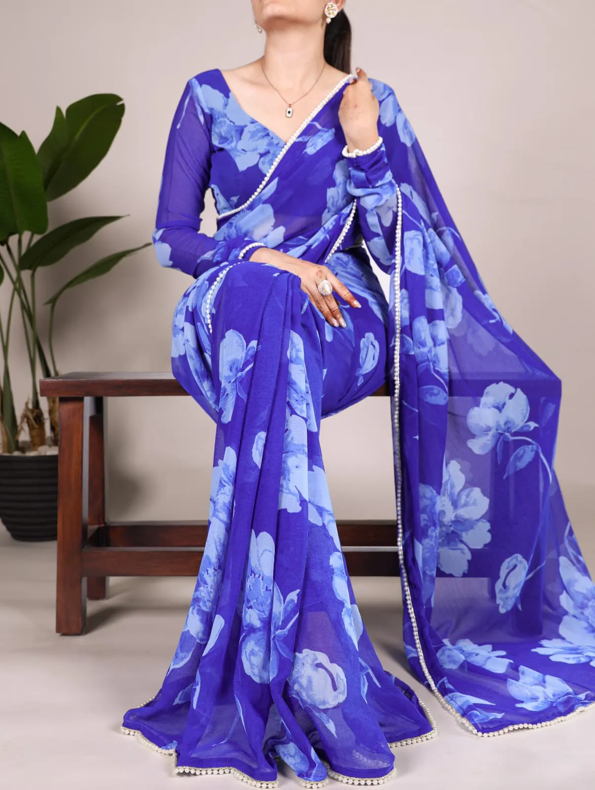 Pearl Border With Floral Saree For Girls - Image 3