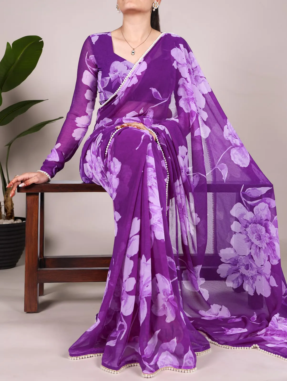 Pearl Border With Floral Saree For Girls - Image 5