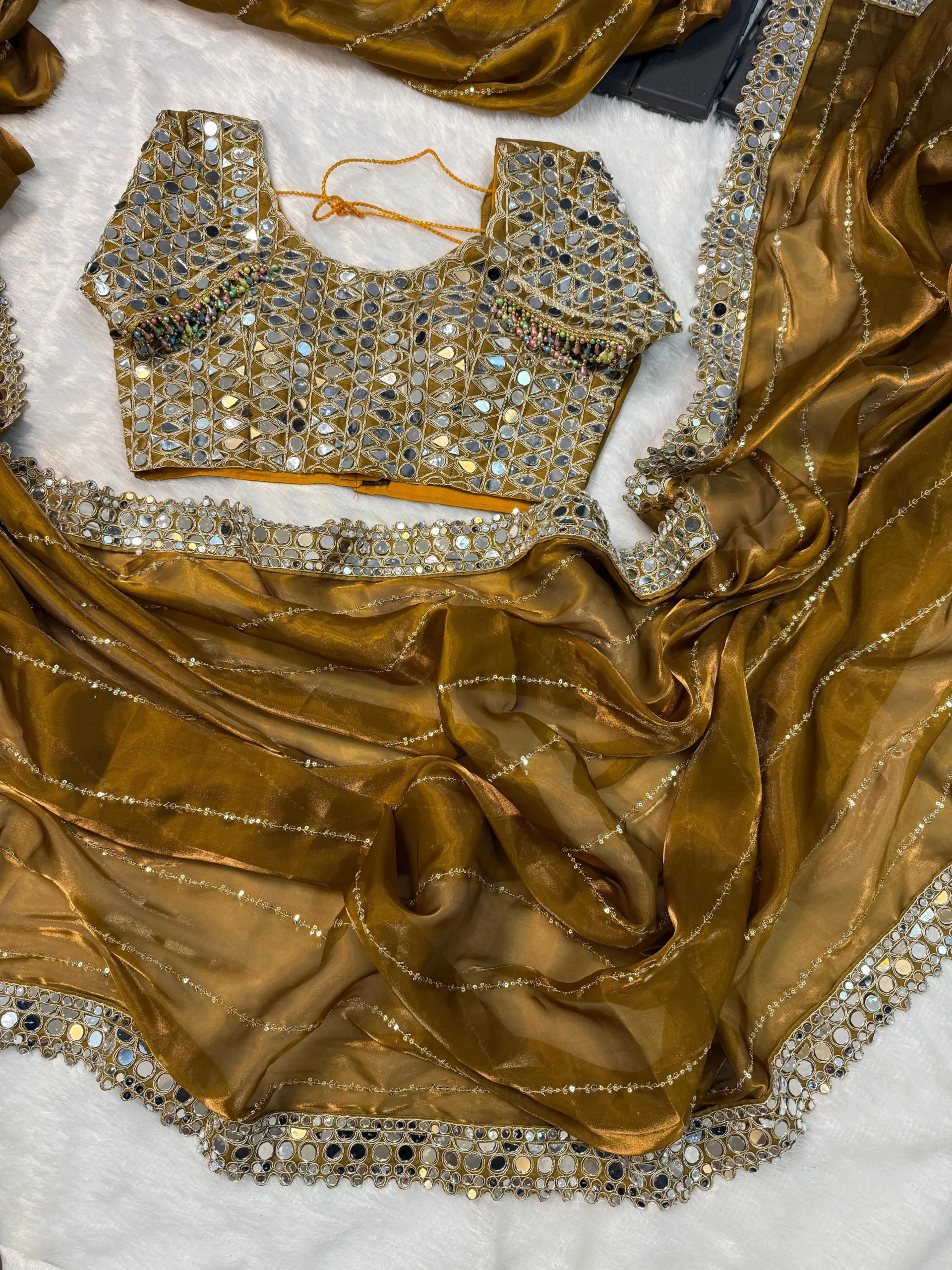 Real Mirror Work Organza Saree For Wedding 2025 - Image 3