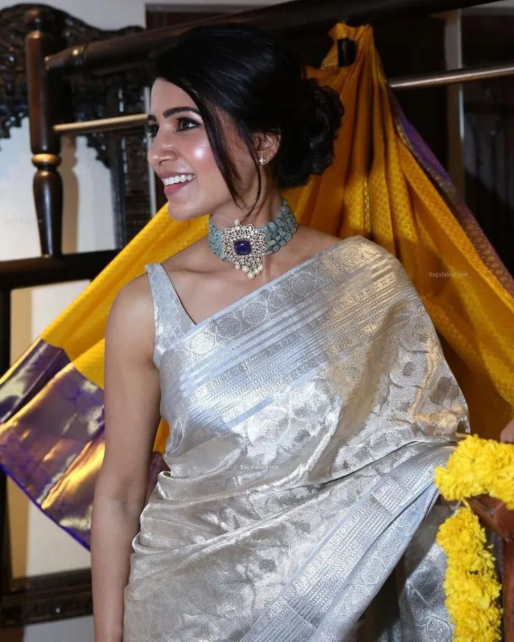 Samantha Prabhu Silver Tissue Silk Saree