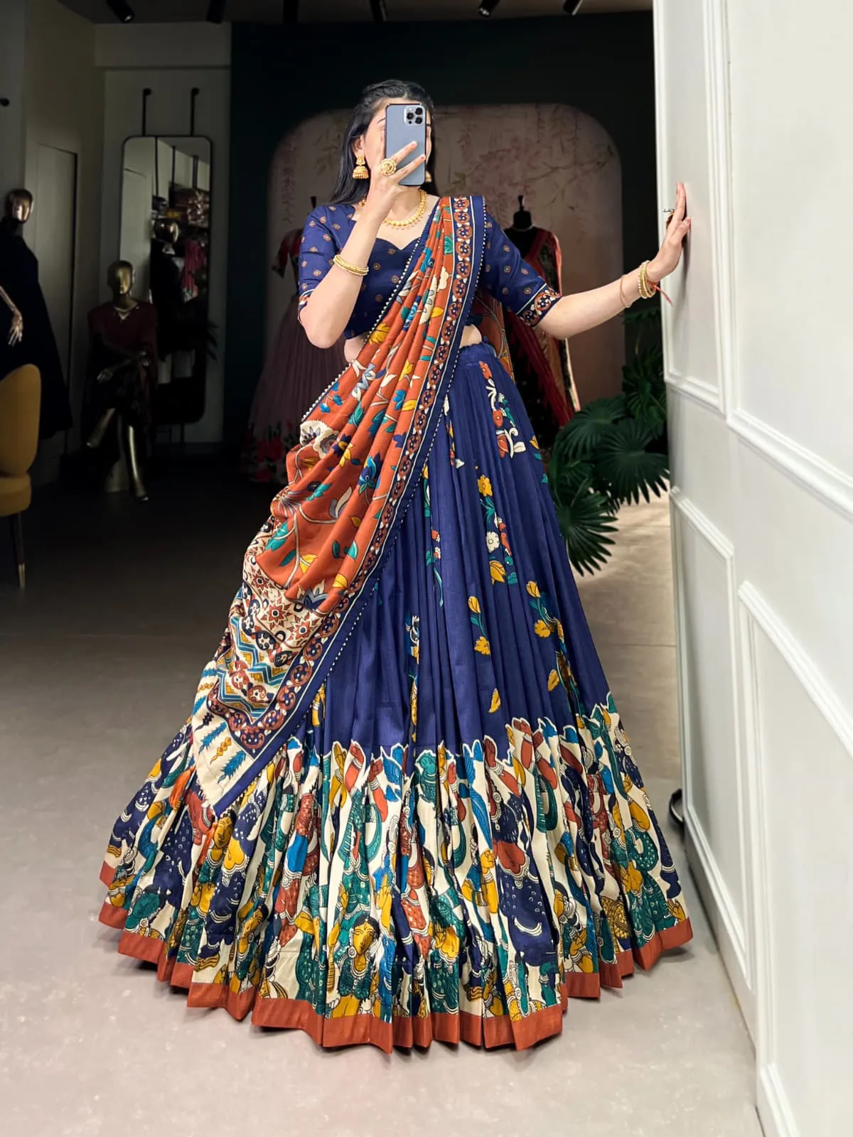 Tussar Silk Kalamkari Print Lehenga Choli For Girls