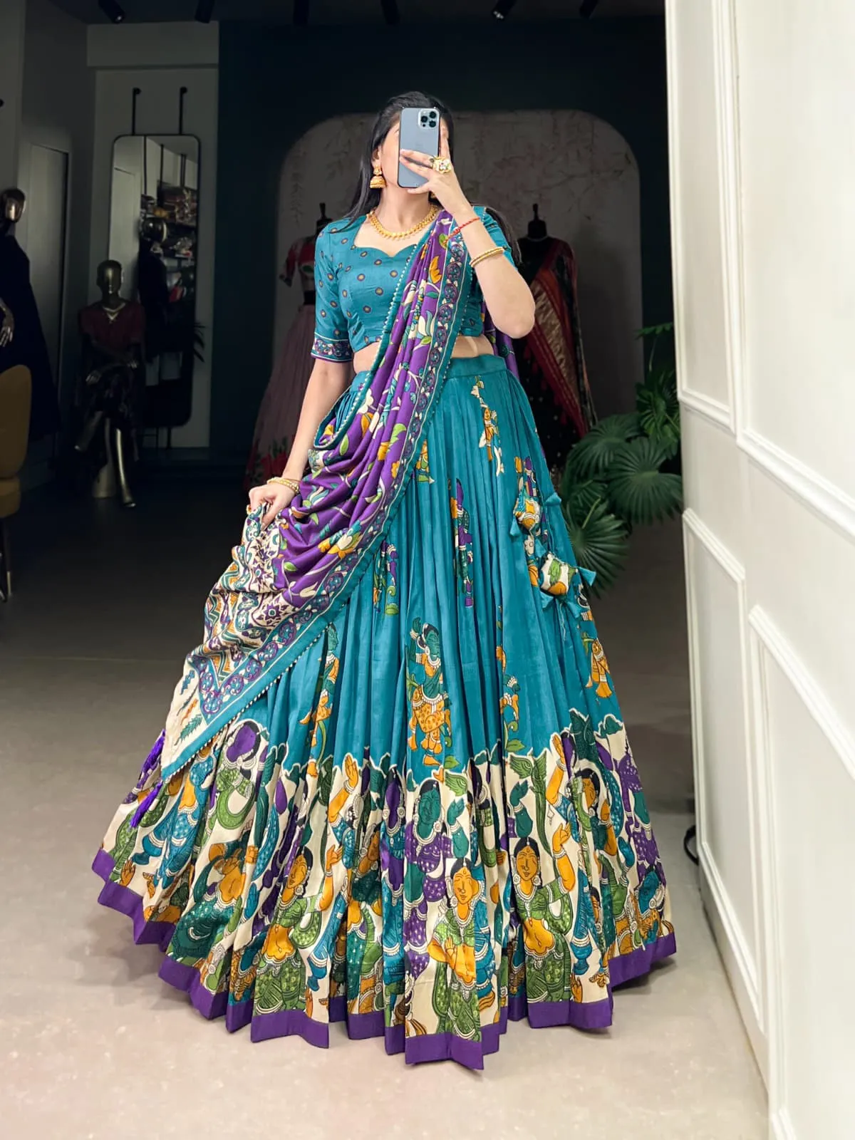 Tussar Silk Kalamkari Print Lehenga Choli For Girls - Image 3