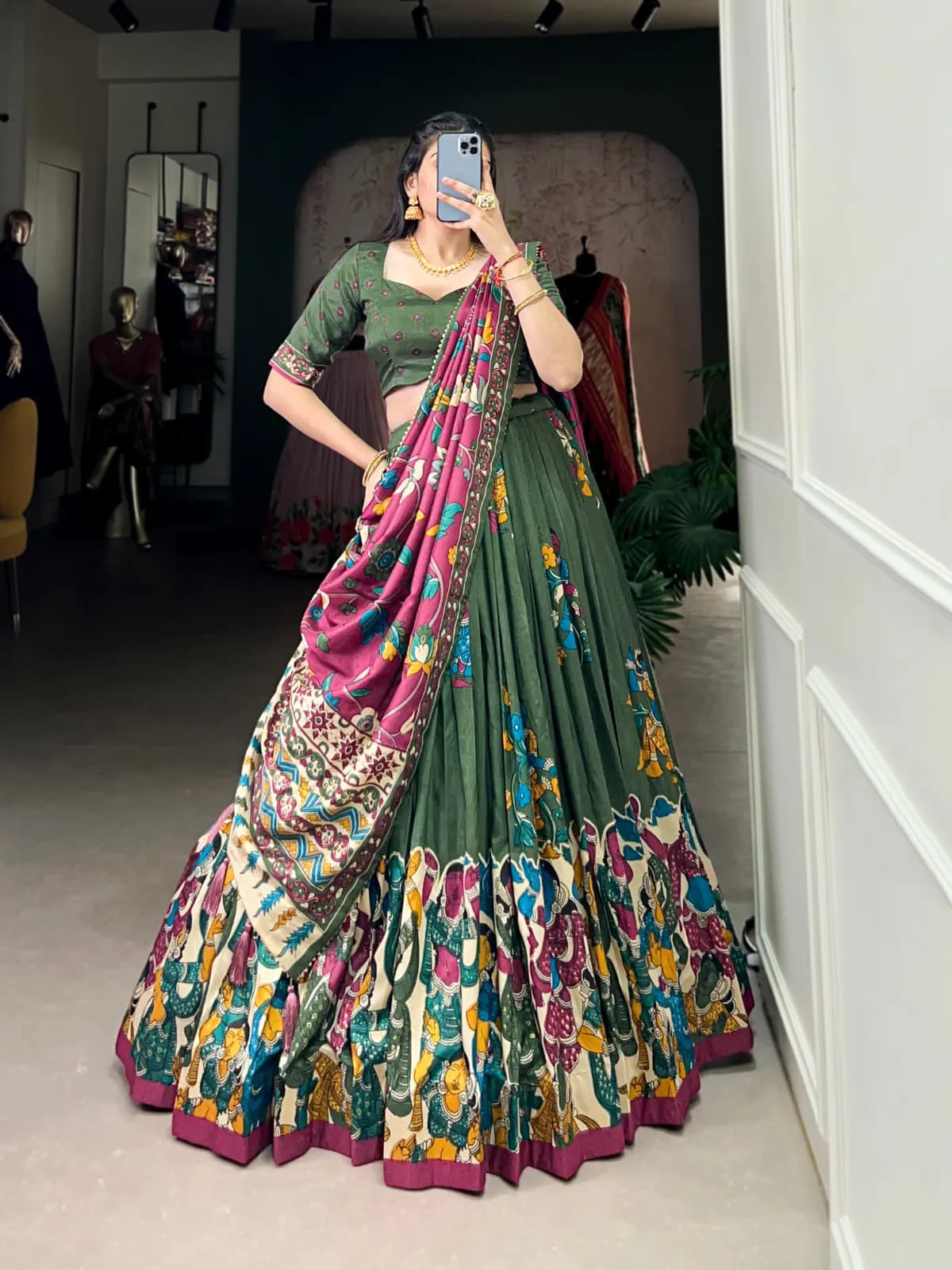 Tussar Silk Kalamkari Print Lehenga Choli For Girls - Image 5