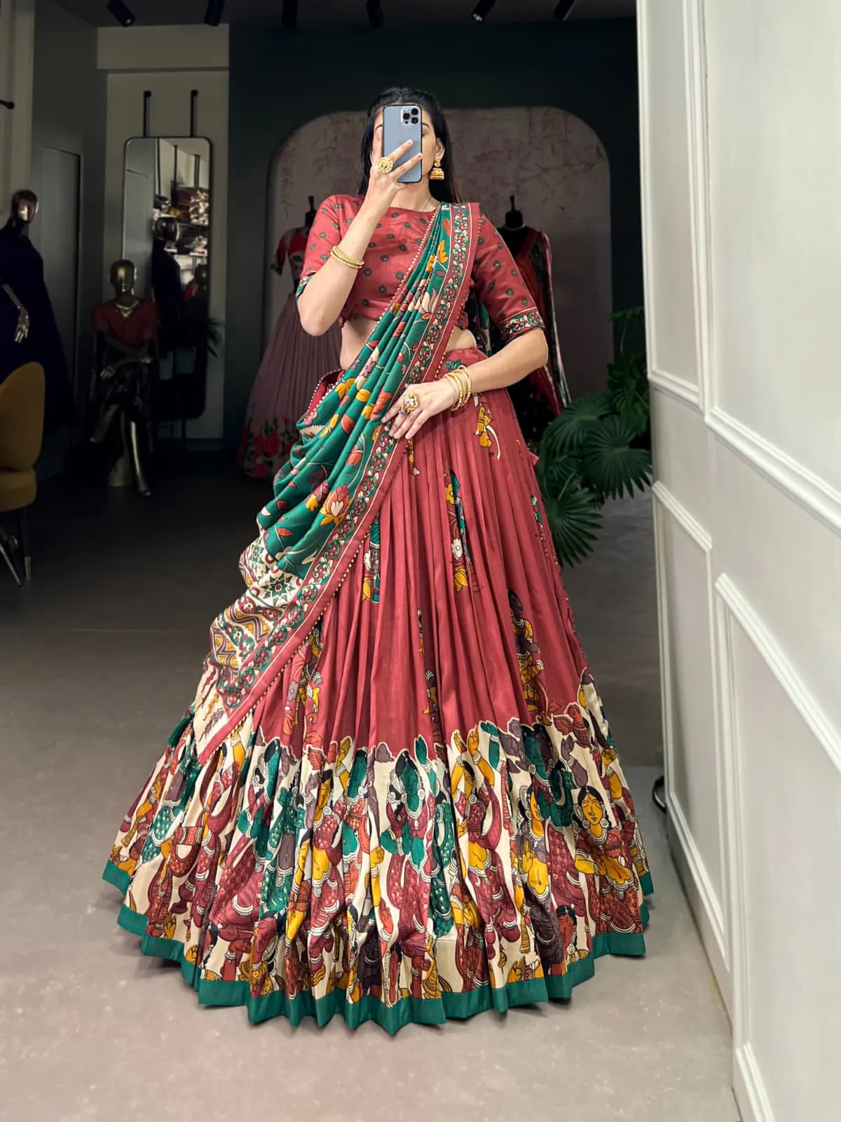 Tussar Silk Kalamkari Print Lehenga Choli For Girls - Image 7